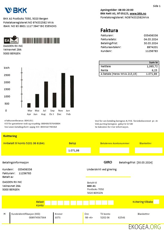 Modèle de facture de services publics d'électricité de Norvège BKK aux formats Word et PDF, bon pour prouver l'adresse